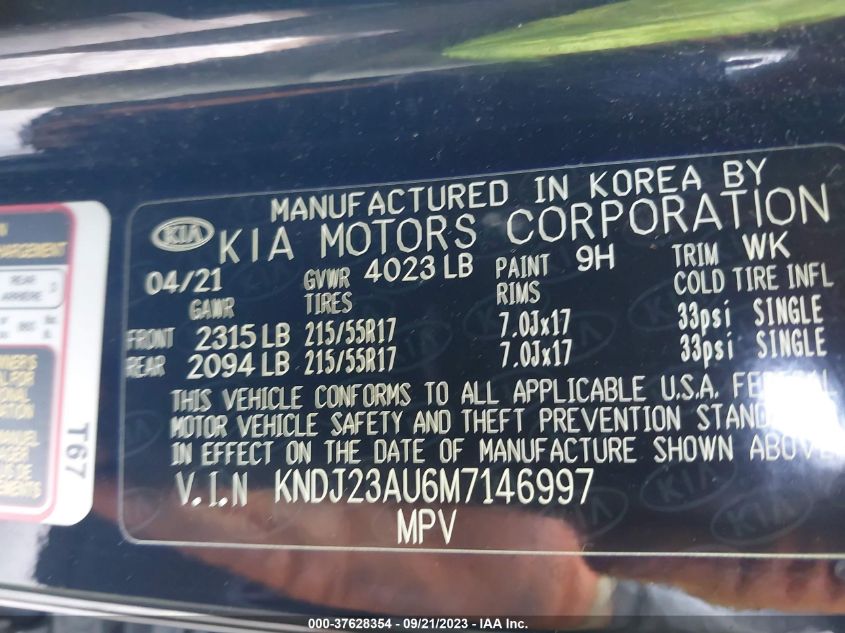 2021 Kia Soul S VIN: KNDJ23AU6M7146997 Lot: 37628354