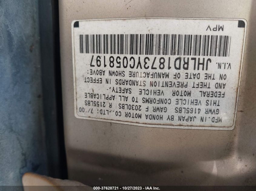 2000 Honda Cr-V Se VIN: JHLRD1873YC058197 Lot: 37628721