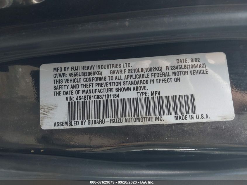 2003 Subaru Baja Base (A4)/Base (M5) VIN: 4S4BT61C937101184 Lot: 37629079