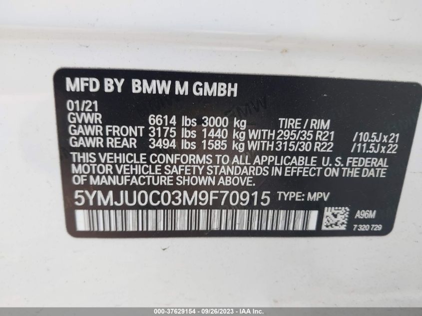 5YMJU0C03M9F70915 2021 BMW X5 M