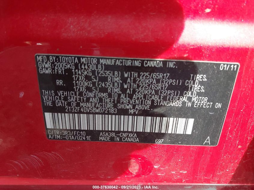 2T3ZF4DV5BW072183 2011 Toyota Rav4