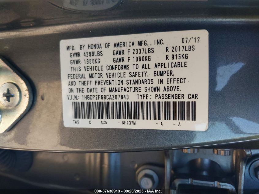 1HGCP2F69CA207843 2012 Honda Accord 2.4 Se