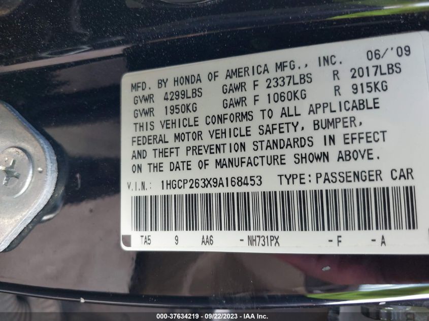 2009 Honda Accord Sdn Lx VIN: 1HGCP263X9A168453 Lot: 37634219