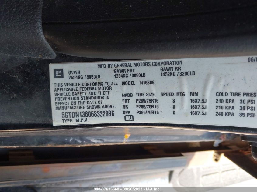 2006 Hummer H3 VIN: 5GTDN136068332936 Lot: 37635660