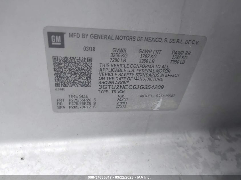 3GTU2NEC6JG354209 2018 GMC Sierra 1500 Slt