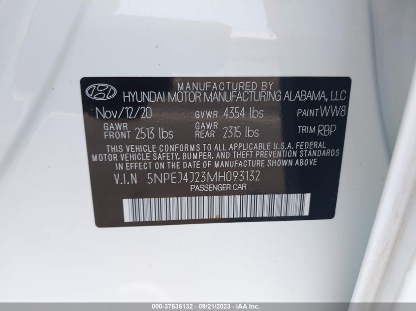 2021 Hyundai Sonata Sel Plus VIN: 5NPEJ4J23MH093132 Lot: 37636132