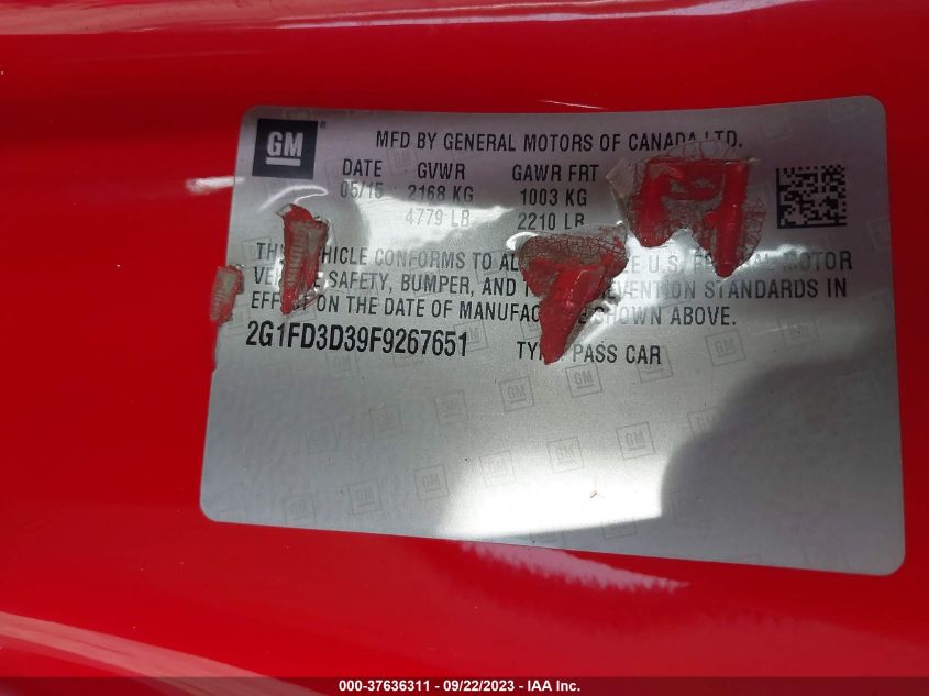 2015 Chevrolet Camaro Lt VIN: 2G1FD3D39F9267651 Lot: 37636311