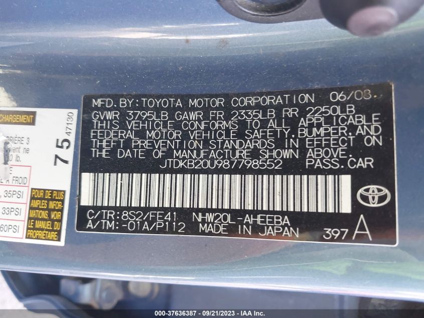 2008 Toyota Prius Base (Cvt-E) VIN: JTDKB20U987798552 Lot: 37636387