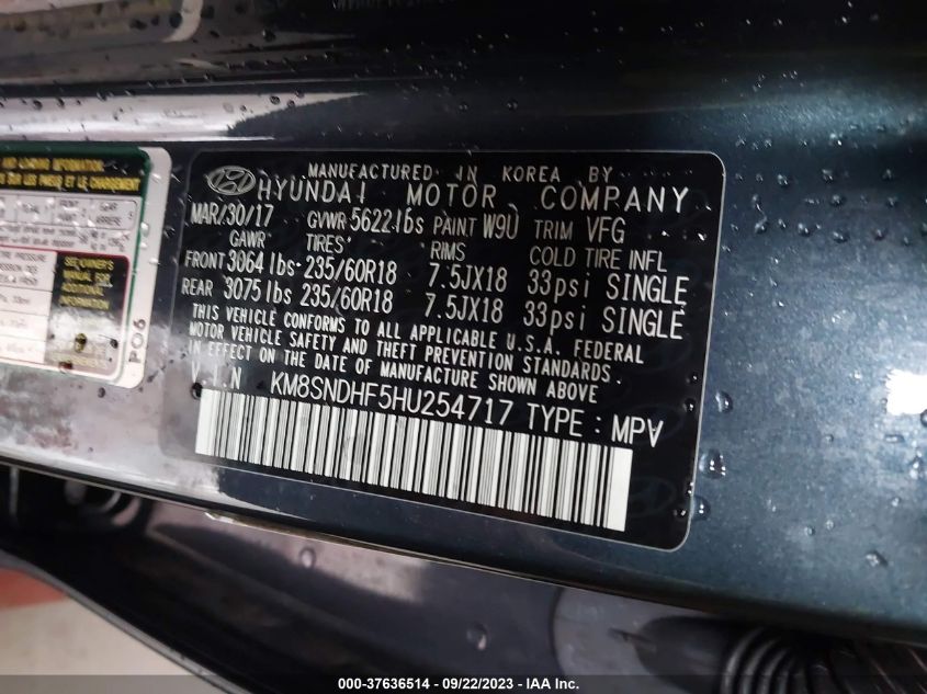 2017 Hyundai Santa Fe Se VIN: KM8SNDHF5HU254717 Lot: 37636514