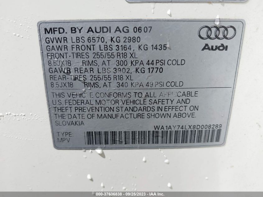 2008 Audi Q7 3.6L VIN: WA1AY74LX8D008289 Lot: 37636838