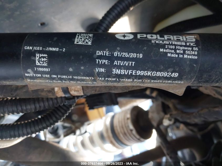2019 Polaris Rzr Xp 4 1000 Eps VIN: 3NSVFE995KG809249 Lot: 37637464