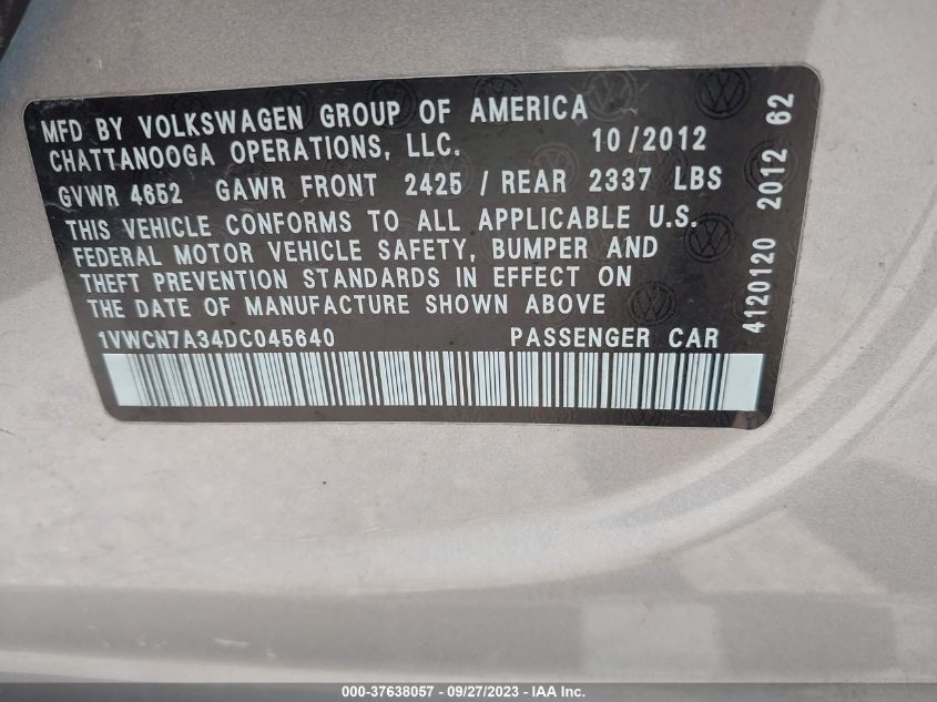 1VWCN7A34DC045640 2013 Volkswagen Passat 2.0L Tdi Sel Premium