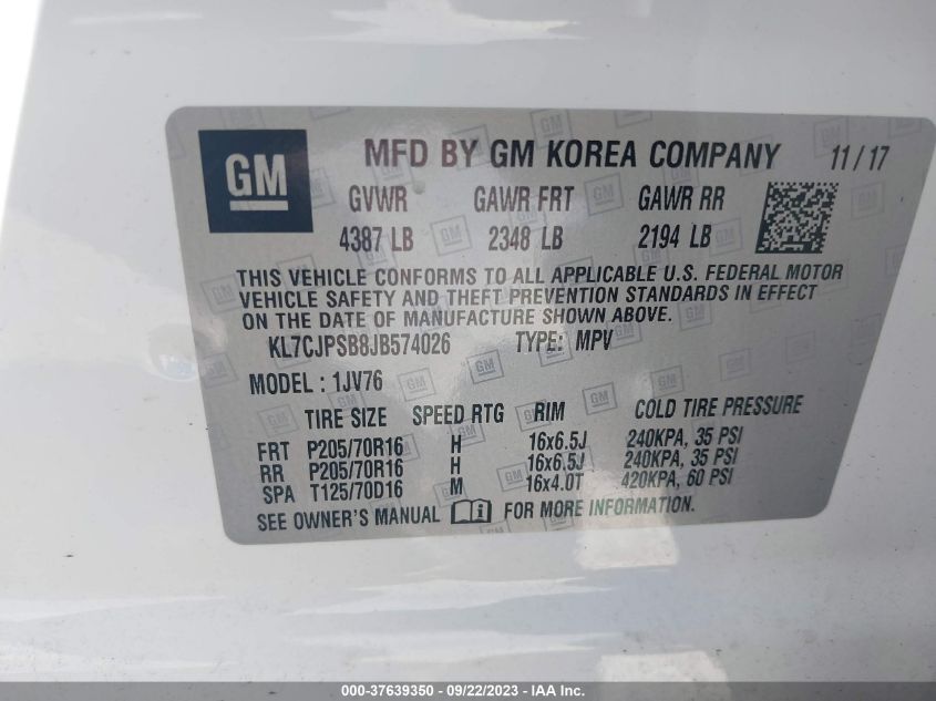 KL7CJPSB8JB574026 2018 Chevrolet Trax Lt