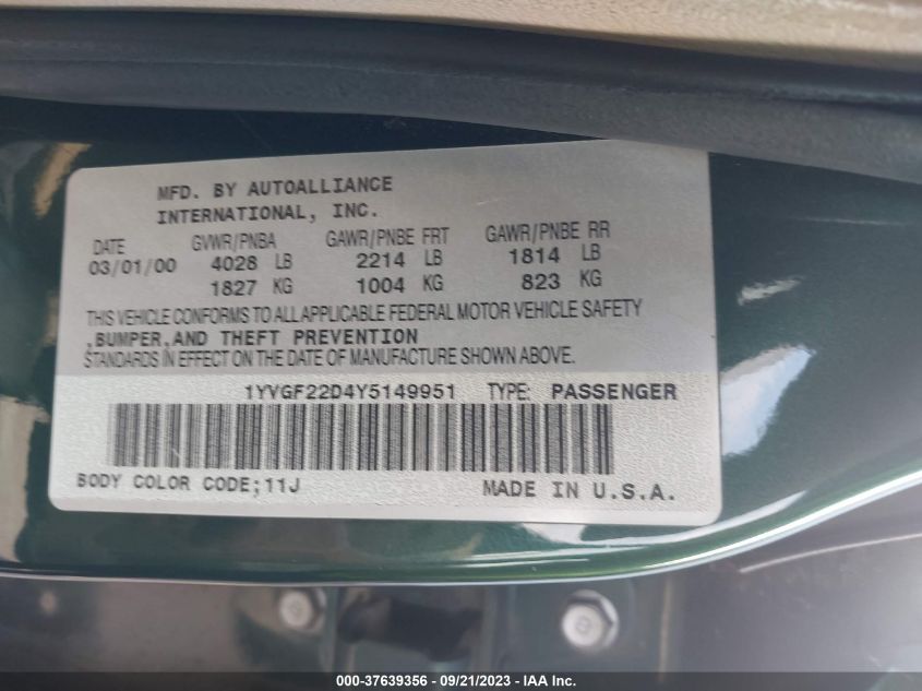 2000 Mazda 626 Es V6/Lx V6 VIN: 1YVGF22D4Y5149951 Lot: 37639356