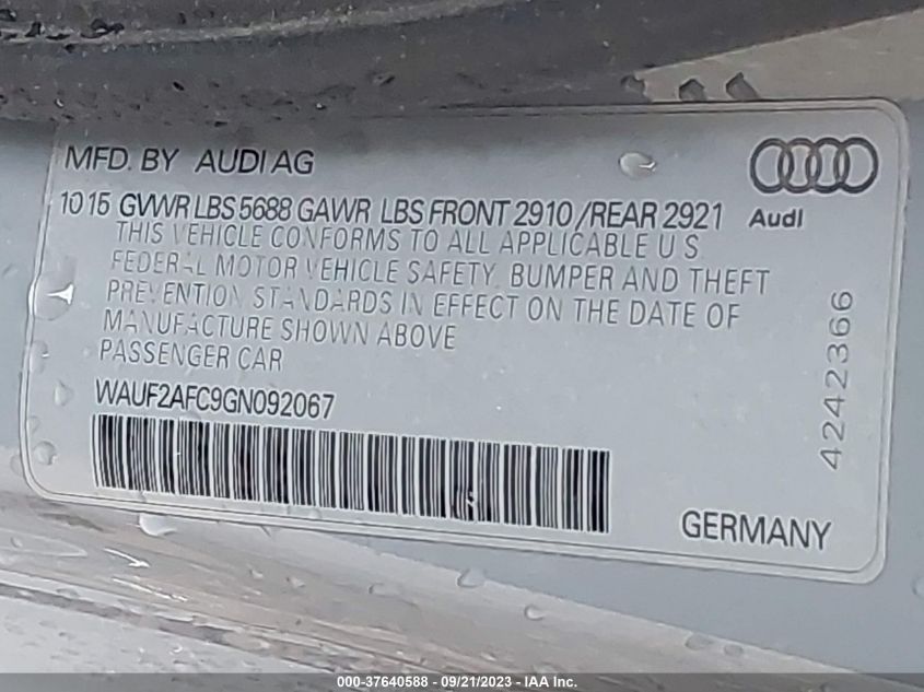 2016 Audi S6 4.0T Premium Plus VIN: WAUF2AFC9GN092067 Lot: 37640588