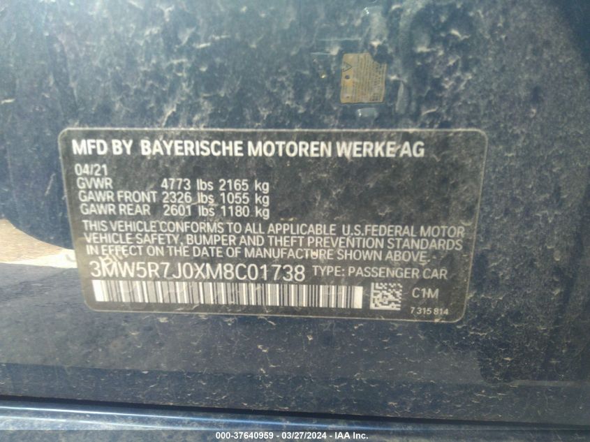 3MW5R7J0XM8C01738 2021 BMW 330I xDrive