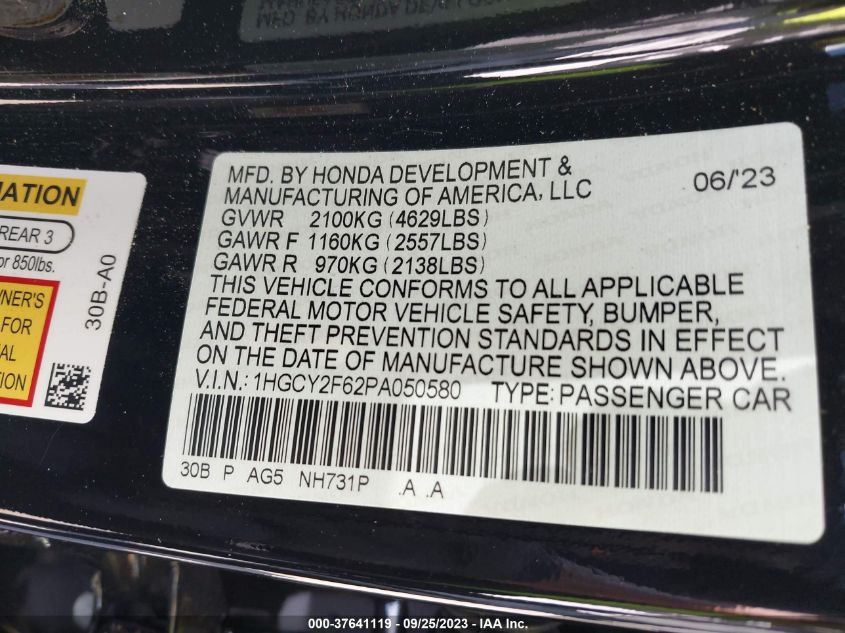 2023 Honda Accord Hybrid Ex-L VIN: 1HGCY2F62PA050580 Lot: 37641119