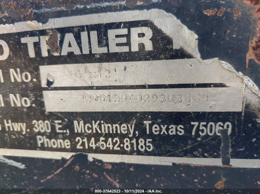 1993 Utility Trailer 12 Feet VIN: PT0612040293U3089 Lot: 37642523