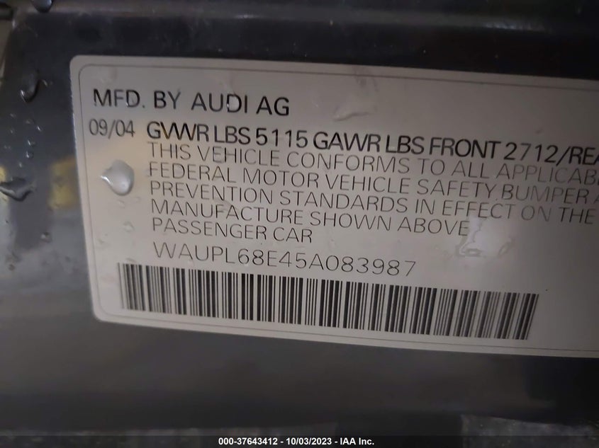 2005 Audi S4 VIN: WAUPL68E45A083987 Lot: 37643412