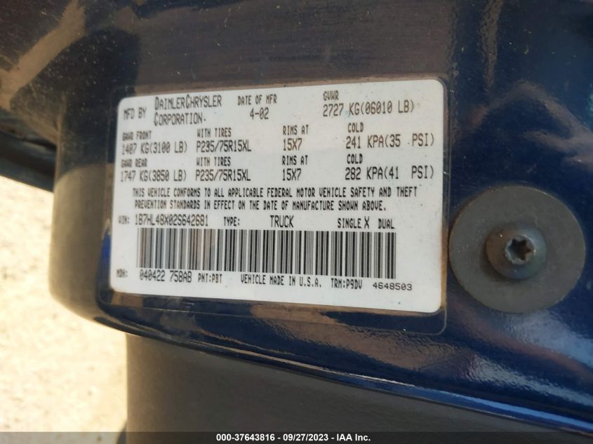 1B7HL48X02S642681 2002 Dodge Dakota Slt