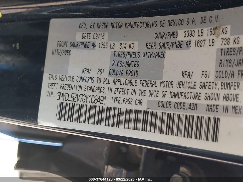 2016 Scion Ia VIN: 3MYDLBZV7GY108491 Lot: 37644128