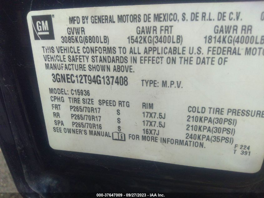 2004 Chevrolet Avalanche Z66 VIN: 3GNEC12T94G137408 Lot: 37647009