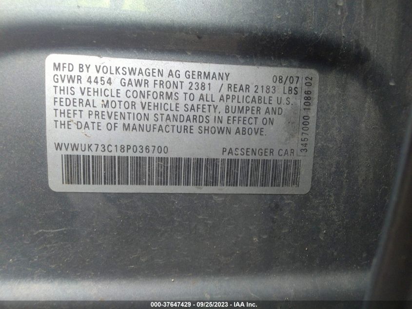 2008 Volkswagen Passat Sedan Turbo VIN: WVWUK73C18P036700 Lot: 37647429
