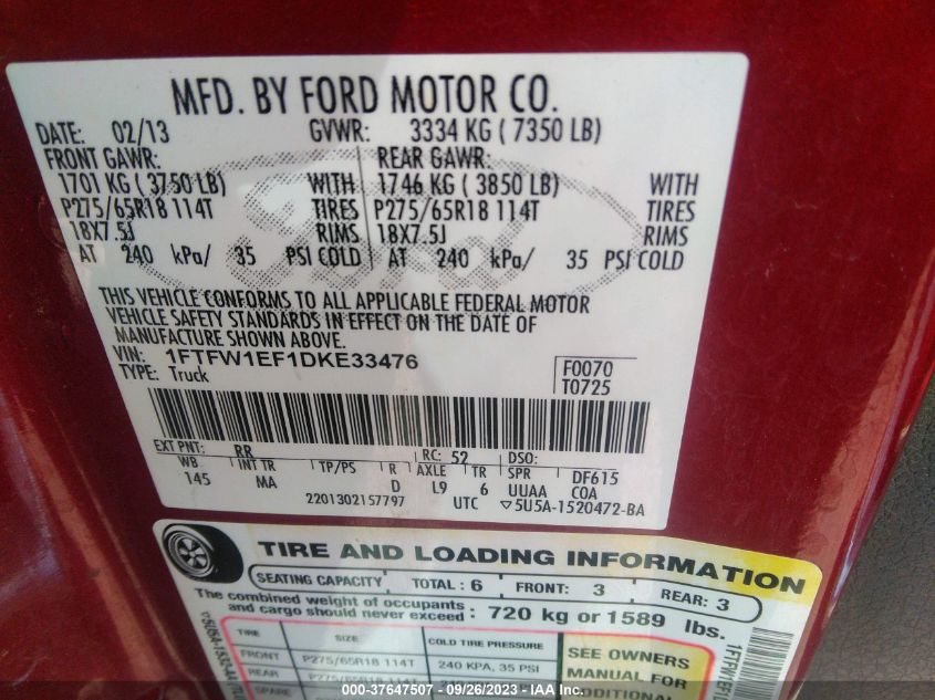 2013 Ford F-150 Xl/Xlt/Fx4/Lariat VIN: 1FTFW1EF1DKE33476 Lot: 37647507