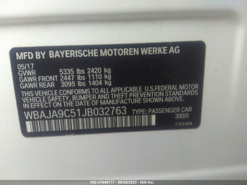 2018 BMW 530E Iperformance VIN: WBAJA9C51JB032763 Lot: 37648717
