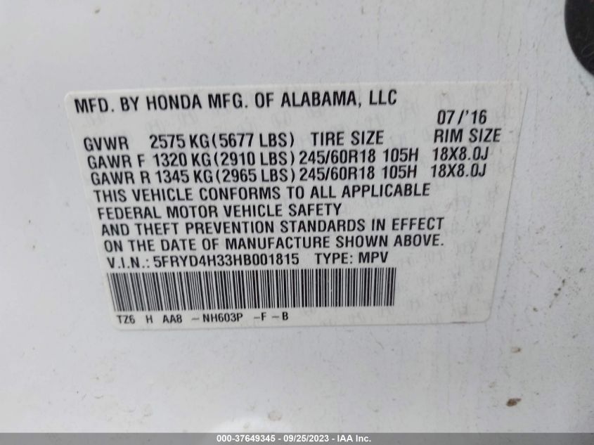 2017 Acura Mdx VIN: 5FRYD4H33HB001815 Lot: 37649345