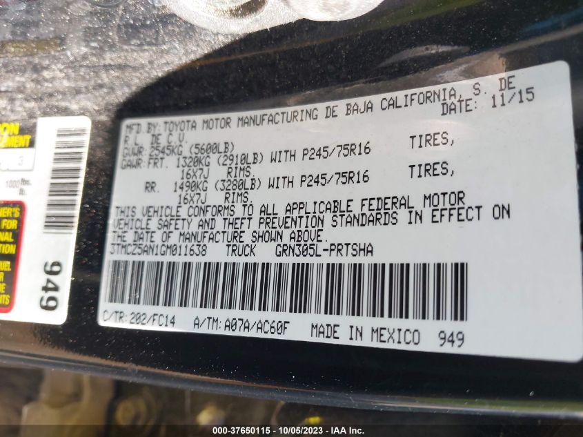 2016 Toyota Tacoma Sr/Sr5/Trd Sport VIN: 3TMCZ5AN1GM011638 Lot: 37650115