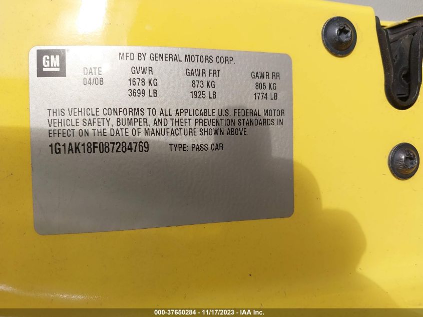 2008 Chevrolet Cobalt Ls VIN: 1G1AK18F087284769 Lot: 37650284