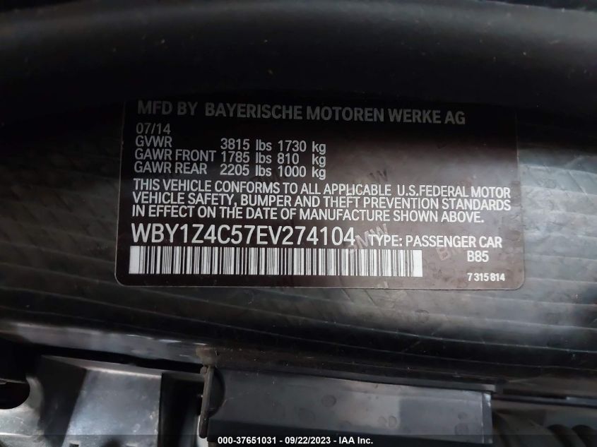 2014 BMW I3 Base W/Range Extender VIN: WBY1Z4C57EV274104 Lot: 37651031