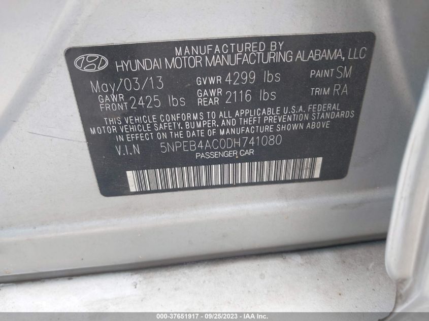2013 Hyundai Sonata Gls VIN: 5NPEB4AC0DH741080 Lot: 37651917