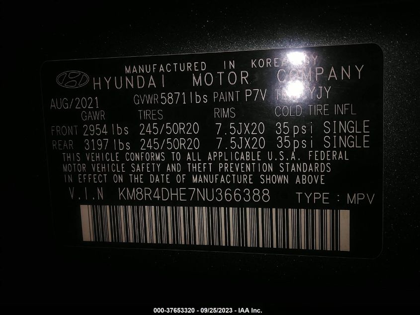2022 Hyundai Palisade Sel VIN: KM8R4DHE7NU366388 Lot: 37653320