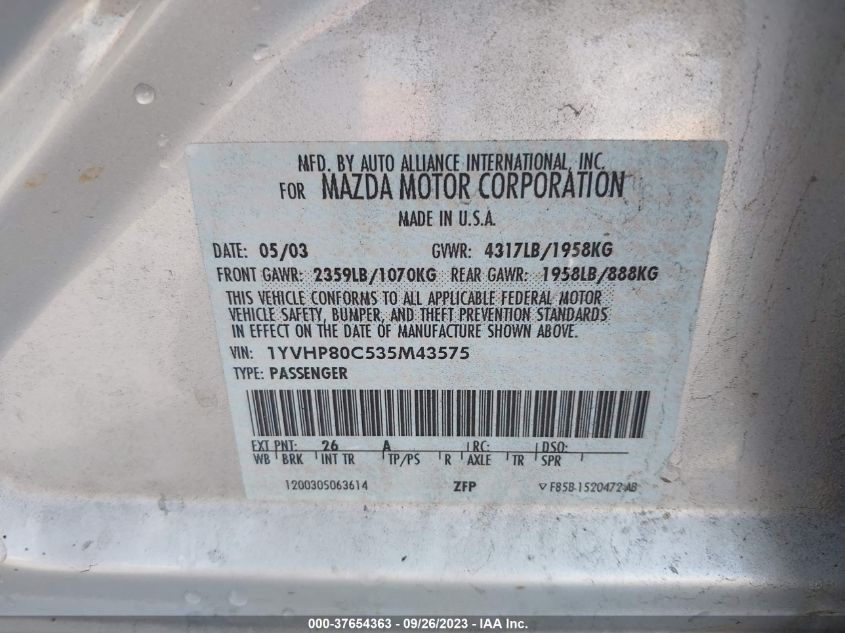 2003 Mazda Mazda6 I VIN: 1YVHP80C535M43575 Lot: 37654363