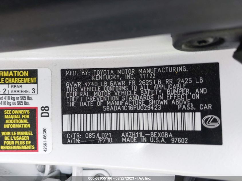 2023 Lexus Es 300H VIN: 58ADA1C16PU029423 Lot: 37655166