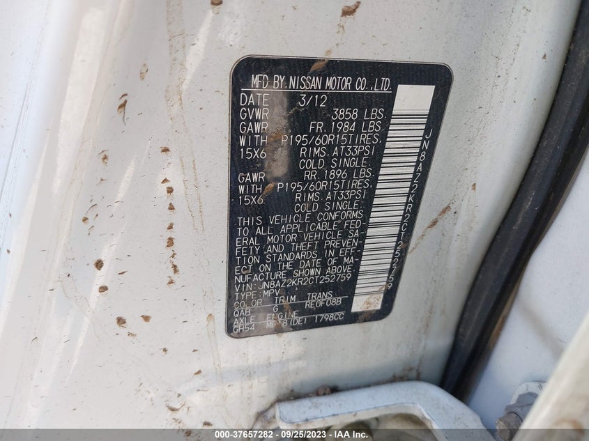 2012 Nissan Cube 1.8 S VIN: JN8AZ2KR2CT252759 Lot: 37657282