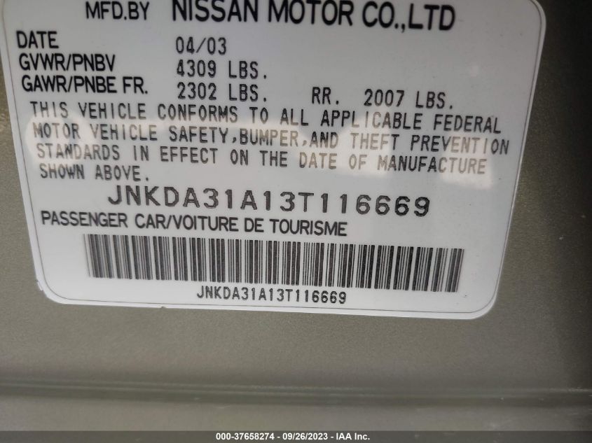 2003 Infiniti I35 Luxury VIN: JNKDA31A13T116669 Lot: 37658274