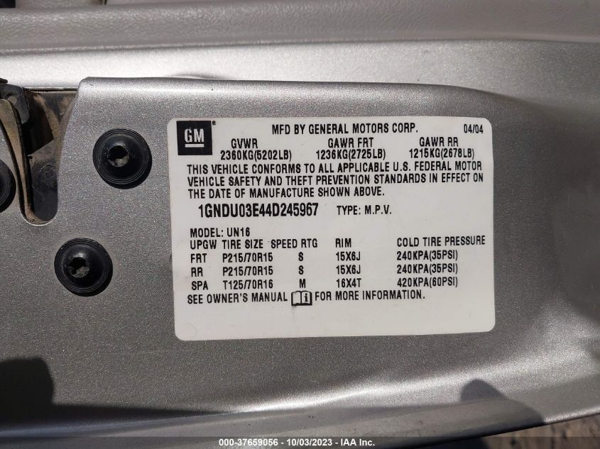 2004 Chevrolet Venture Plus VIN: 1GNDU03E44D245967 Lot: 37659056