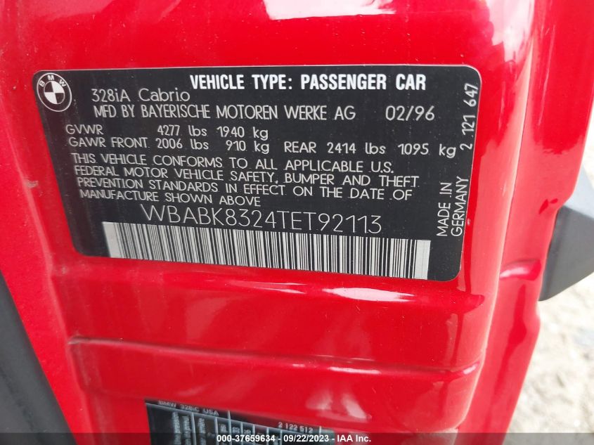 1996 BMW 328 Ic Automatic VIN: WBABK8324TET92113 Lot: 37659634