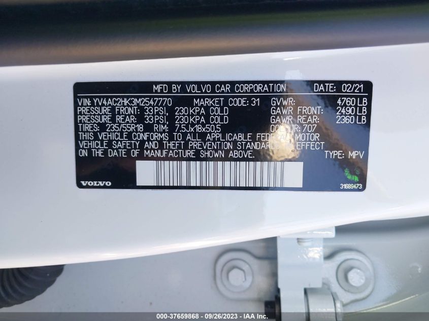 2021 Volvo Xc40 Momentum VIN: YV4AC2HK3M2547770 Lot: 37659868