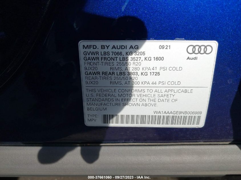 2022 Audi E-Tron Premium VIN: WA1AAAGE9NB006989 Lot: 37661060