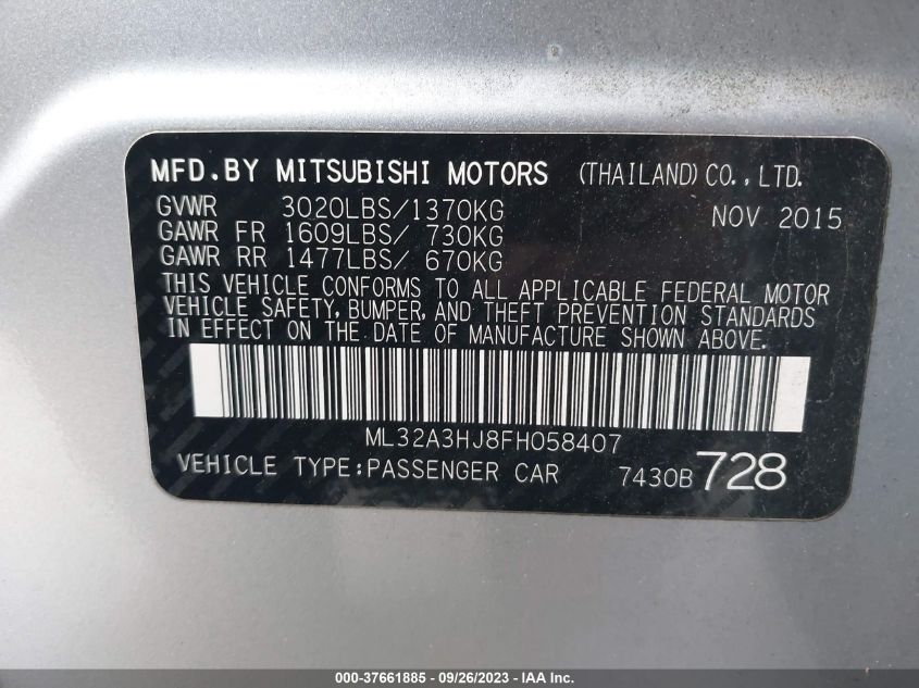 2015 Mitsubishi Mirage De/Rf VIN: ML32A3HJ8FH058407 Lot: 37661885