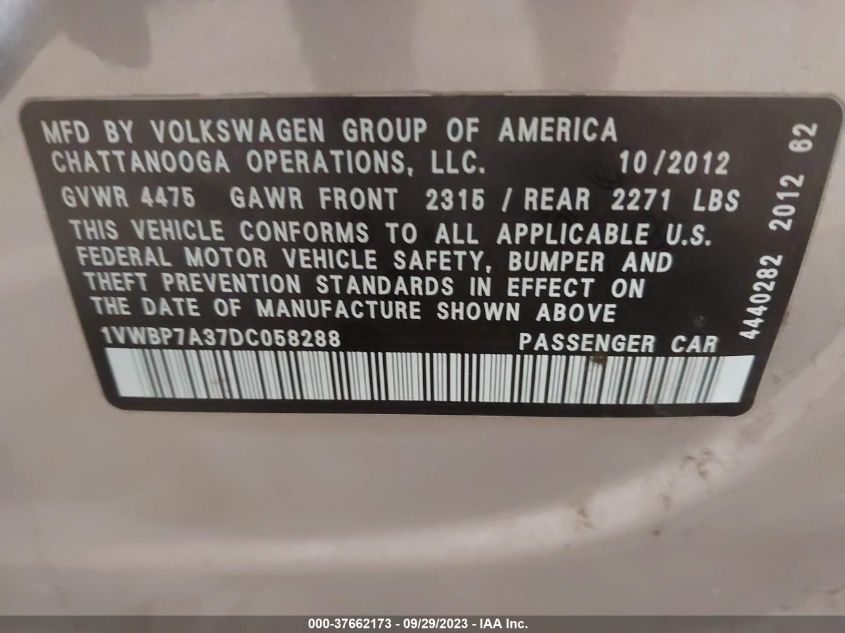 2013 Volkswagen Passat 2.5L Se VIN: 1VWBP7A37DC058288 Lot: 37662173