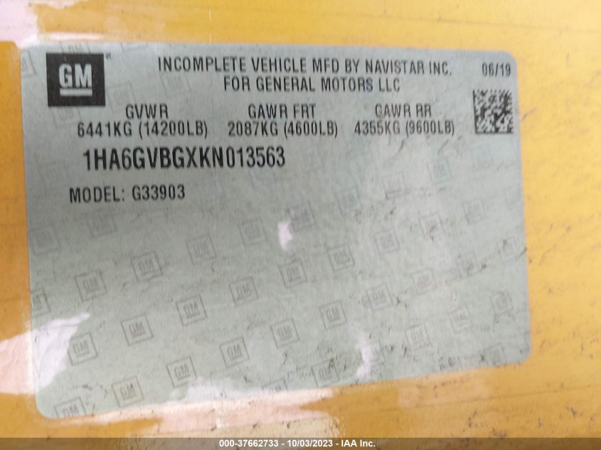 2019 Chevrolet Express Cutaway 4500 4500 Van VIN: 1HA6GVBGXKN013563 Lot: 37662733