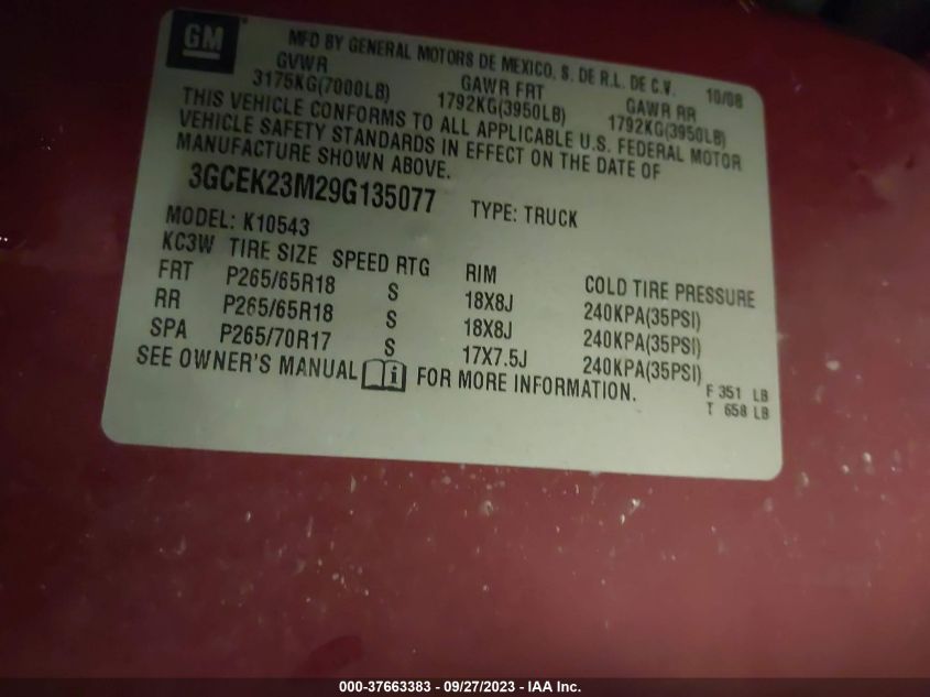 2009 Chevrolet Silverado 1500 Lt VIN: 3GCEK23M29G135077 Lot: 37663383