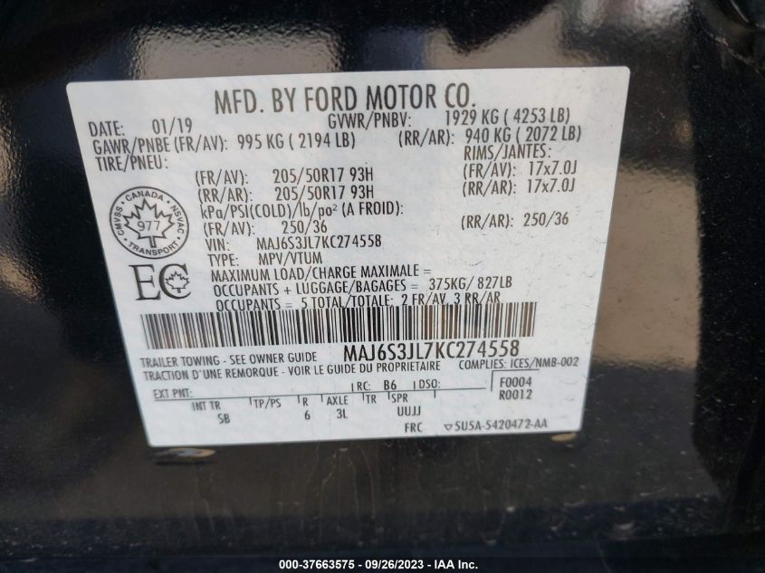 2019 Ford Ecosport Ses VIN: MAJ6S3JL7KC274558 Lot: 37663575