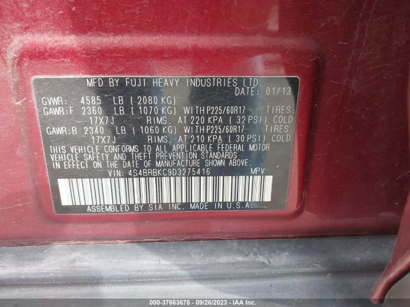 2013 Subaru Outback 2.5I Limited VIN: 4S4BRBKC9D3275416 Lot: 37663678