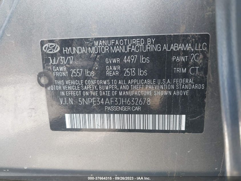 5NPE34AF3JH632678 2018 Hyundai Sonata Sel